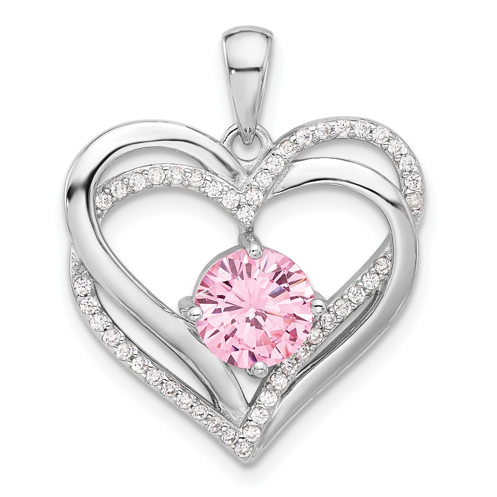 Sterling Silver Rhodium-plated Pink and White CZ Double Heart Pendant (QP5793)
