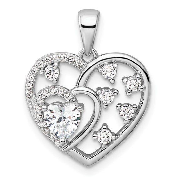 Sterling Silver Rhodium-plated CZ Heart Pendant