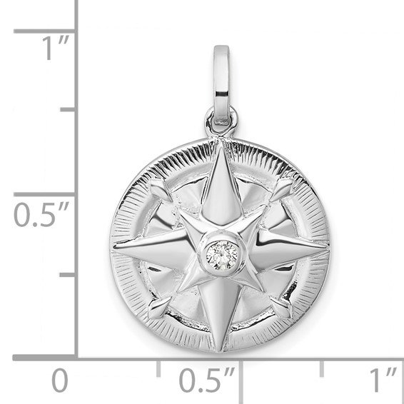 Sterling Silver Rhodium-plated Polished CZ Compass Pendant