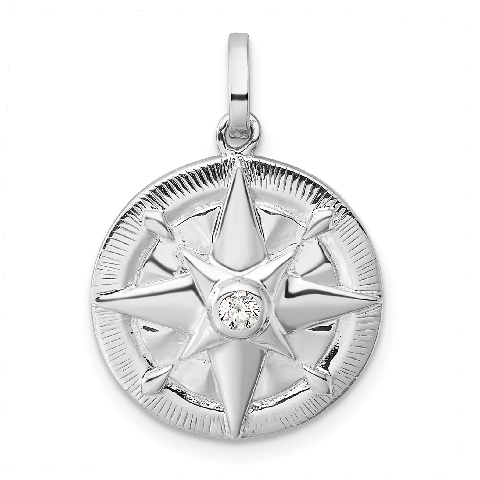 Sterling Silver Rhodium-plated Polished CZ Compass Pendant (QP5799)