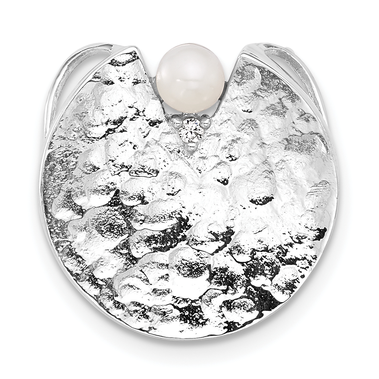 Sterling Silver Rhodium-plated Hammered with FWC Pearl CZ Chain Slide (QP5818)