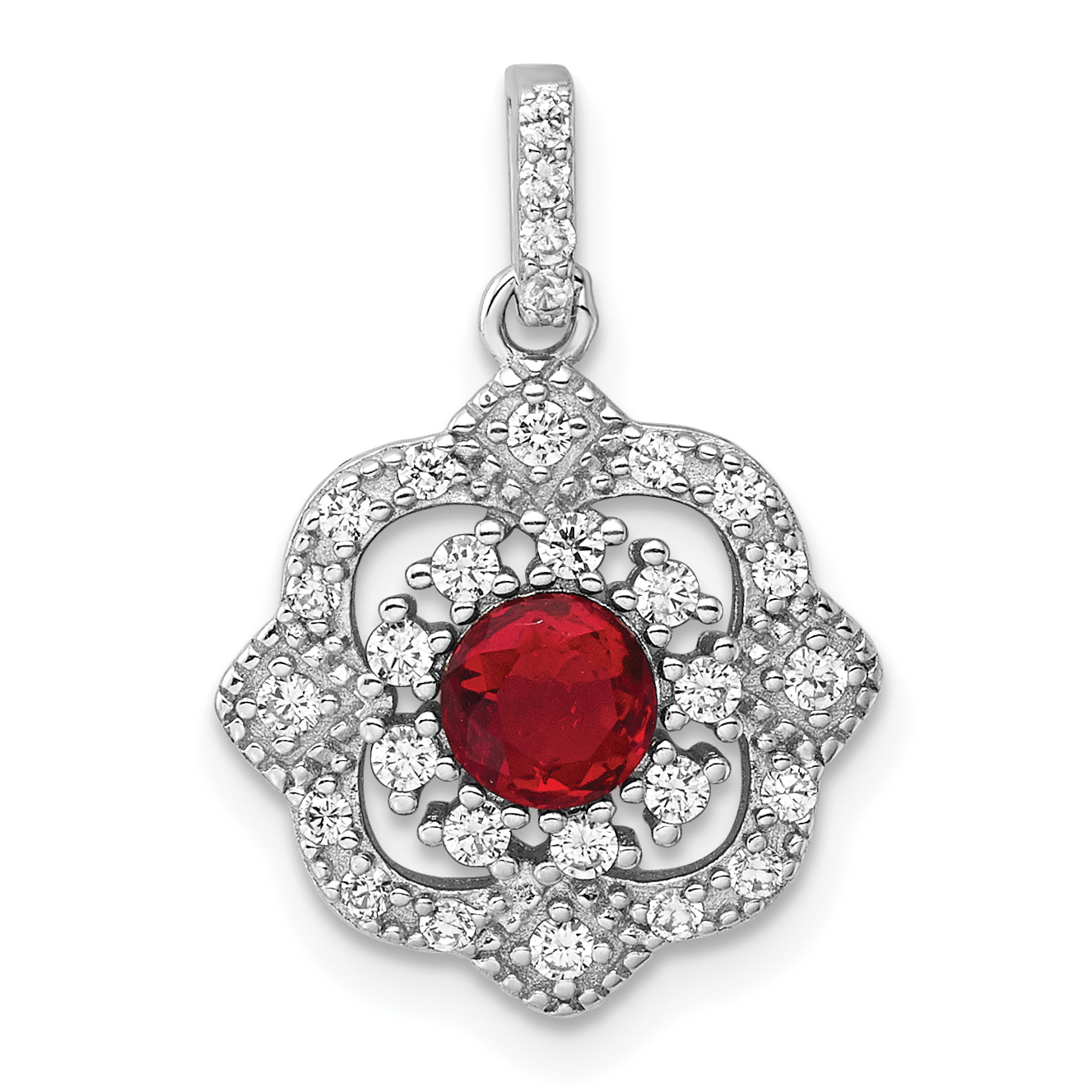 Sterling Silver RH-plated Red Glass & Clear CZ Fancy Vintage Pendant (QP5820)