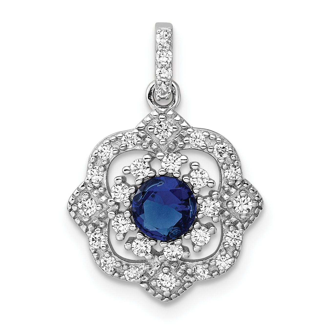 Sterling Silver RH-pltd Blue Glass & Clear CZ Fancy Vintage Pendant (QP5821)