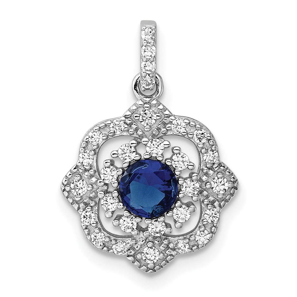 Sterling Silver RH-pltd Blue Glass & Clear CZ Fancy Vintage Pendant (QP5821)