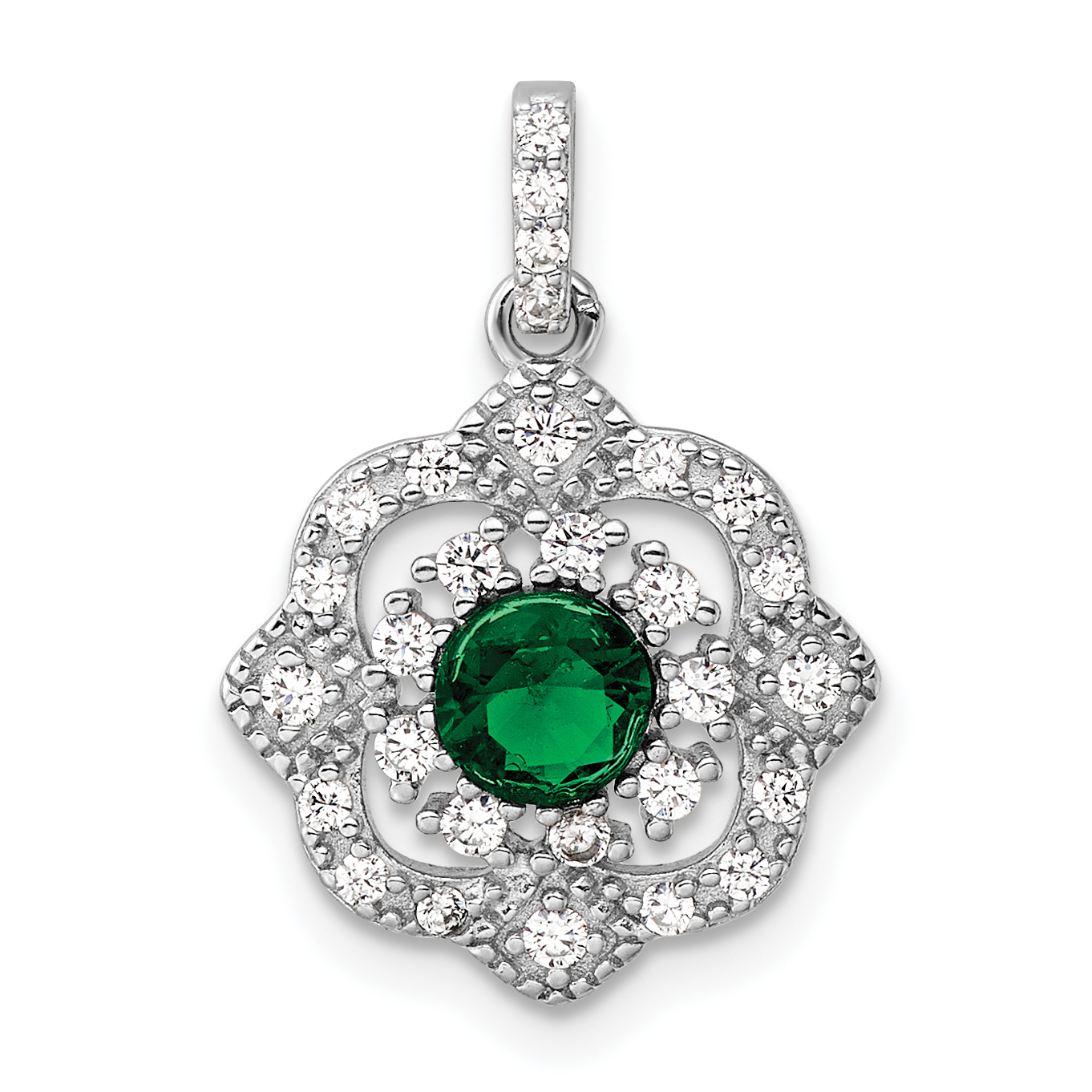 Sterling Silver RH-pltd Green Glass & Clear CZ Fancy Vintage Pendant (QP5822)
