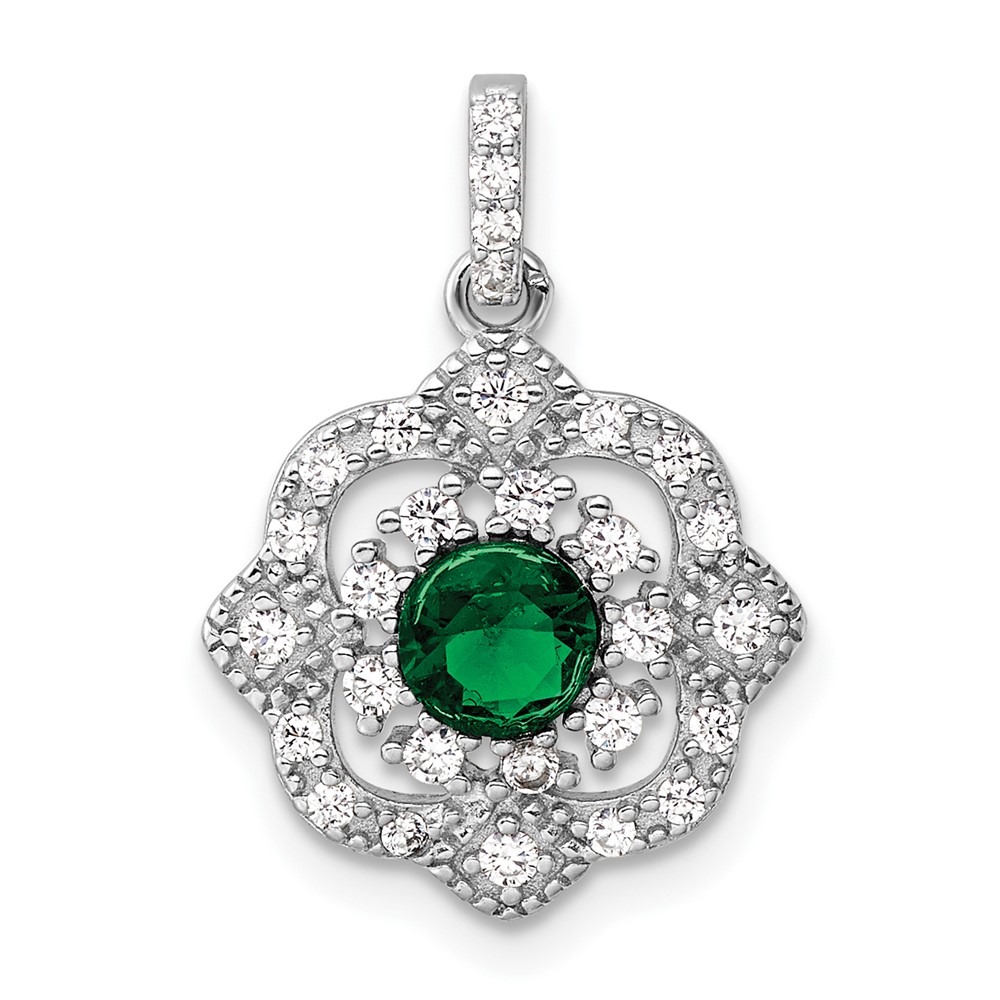 Sterling Silver RH-pltd Green Glass & Clear CZ Fancy Vintage Pendant (QP5822)