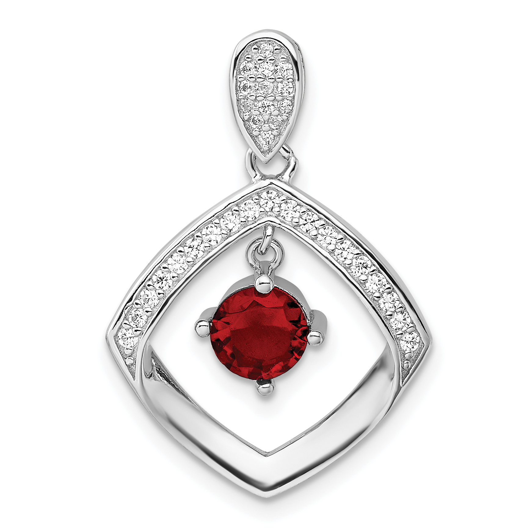 Sterling Silver RH-plated Red Glass & Clear CZ Fancy Square Pendant (QP5823)