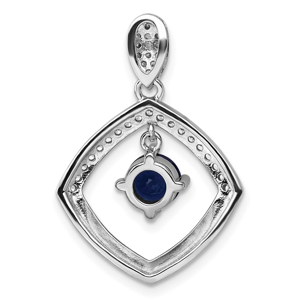 Sterling Silver RH-pltd Blue Glass and Clear CZ Fancy Square Pendant (QP5824)