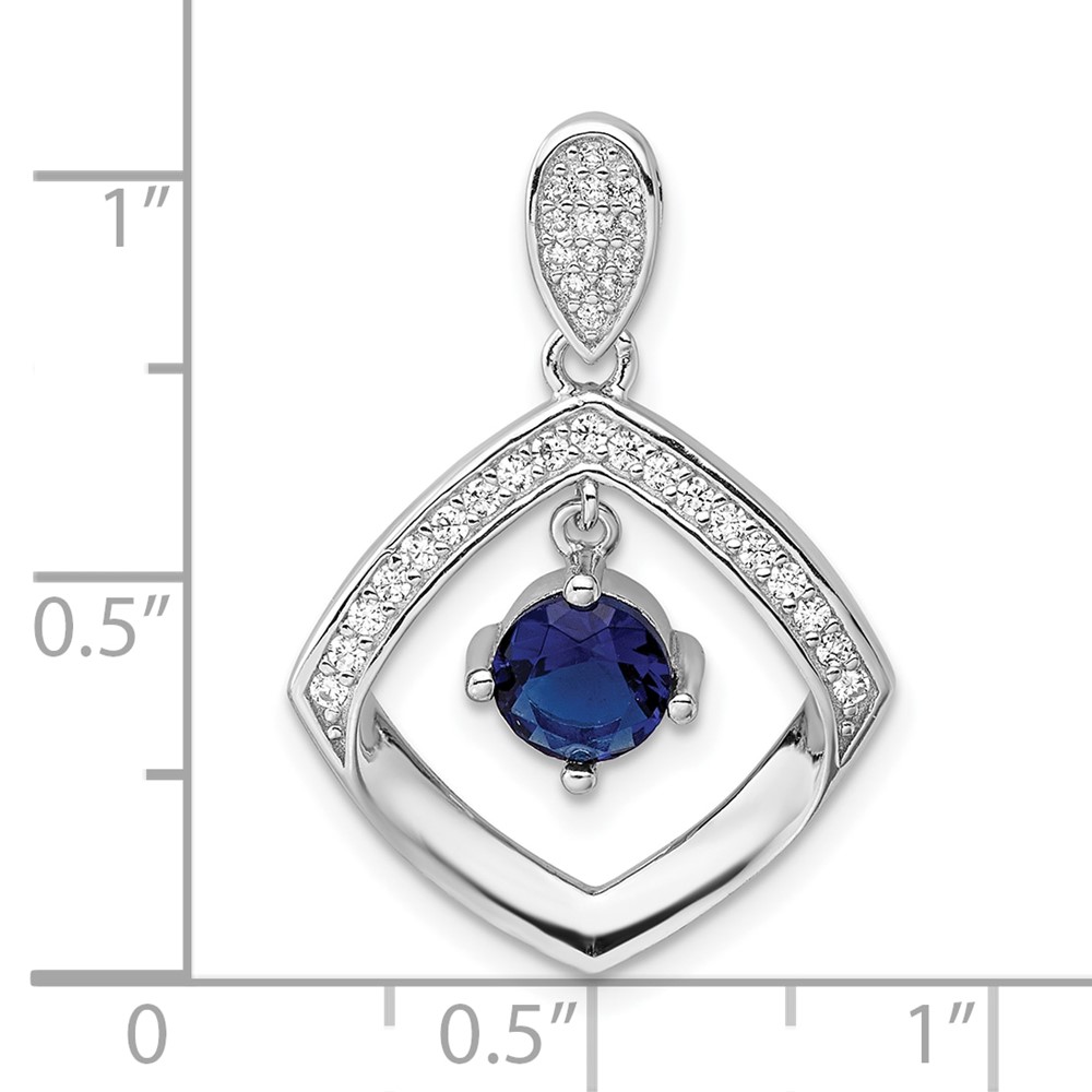 Sterling Silver RH-pltd Blue Glass and Clear CZ Fancy Square Pendant (QP5824)