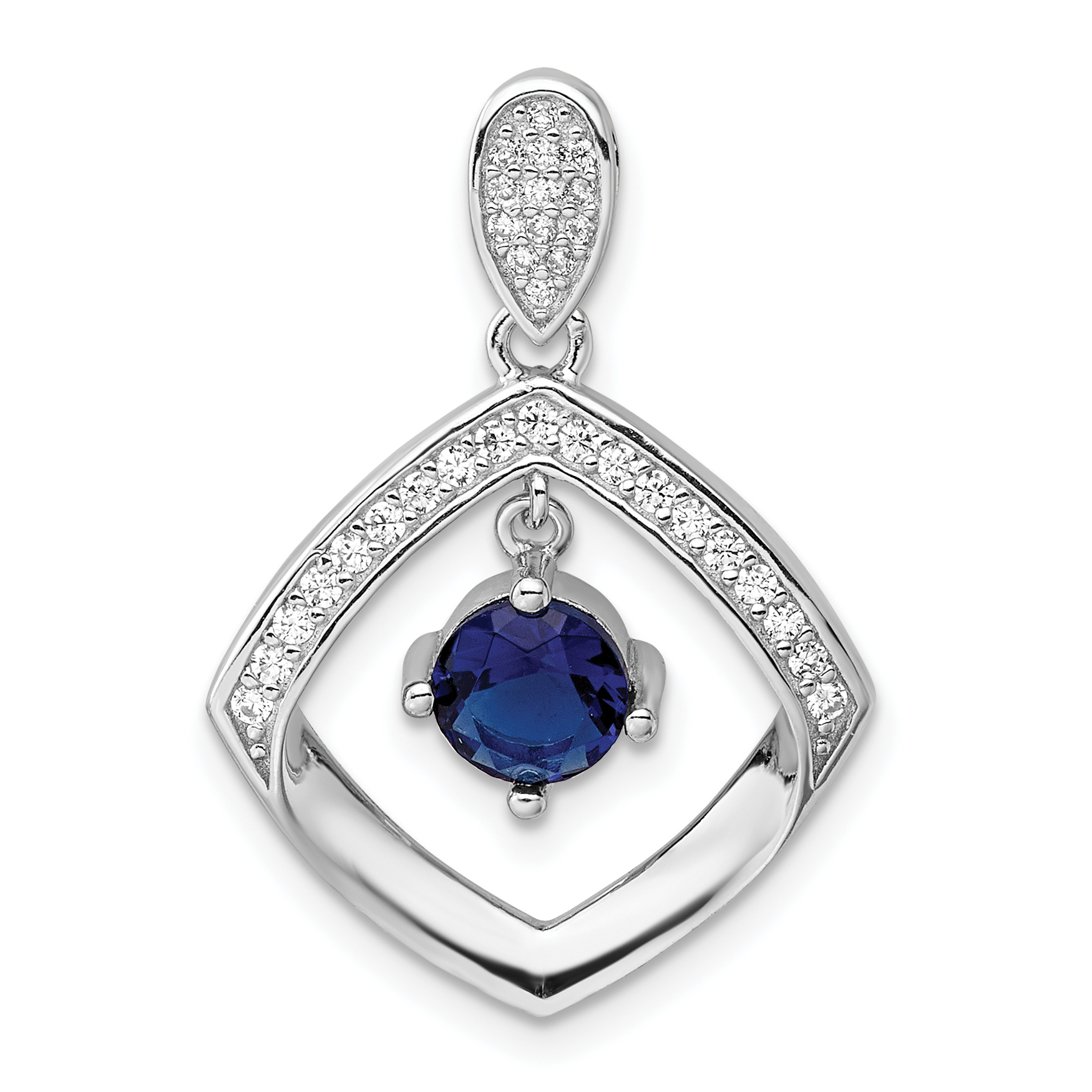 Sterling Silver RH-pltd Blue Glass and Clear CZ Fancy Square Pendant (QP5824)