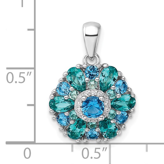 Sterling Silver Rhodium-plated Blue/Green Nano Crystal & CZ Floral Pendant
