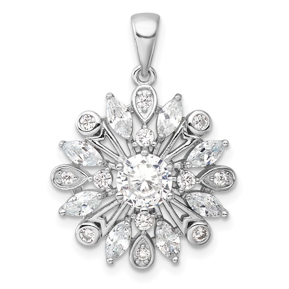 Sterling Silver Rhodium-plated CZ Floral Pendant