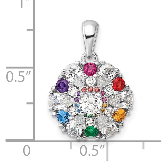 Sterling Silver Rhodium-pltd Rainbow Nano Crystal &Clear CZ Floral Pendant