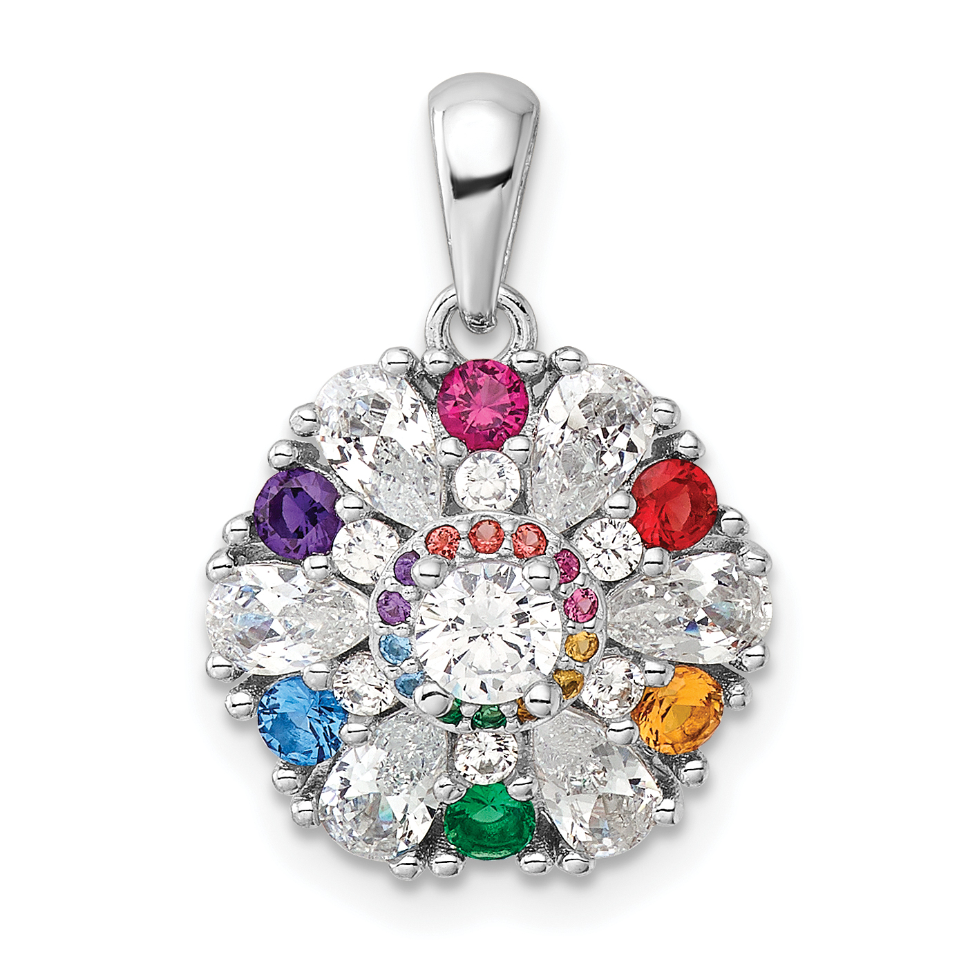 Sterling Silver Rhodium-pltd Rainbow Nano Crystal &Clear CZ Floral Pendant (QP5831)