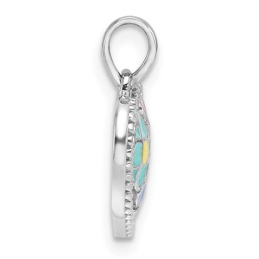 Sterling Silver Rhodium-plated Polished & Beaded Multi-color Enameled Floral Heart Children's Pendant (QP5839)