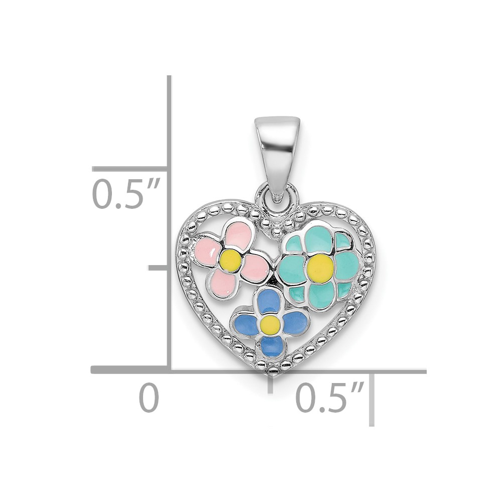 Sterling Silver Rhodium-plated Polished & Beaded Multi-color Enameled Floral Heart Children's Pendant (QP5839)