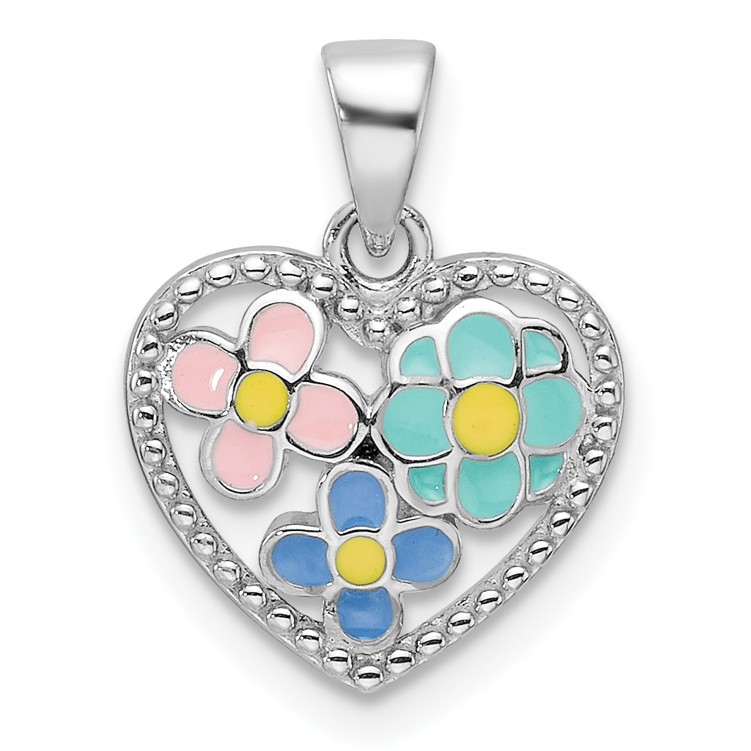 Sterling Silver Rhodium-plated Polished & Beaded Multi-color Enameled Floral Heart Children's Pendant (QP5839)