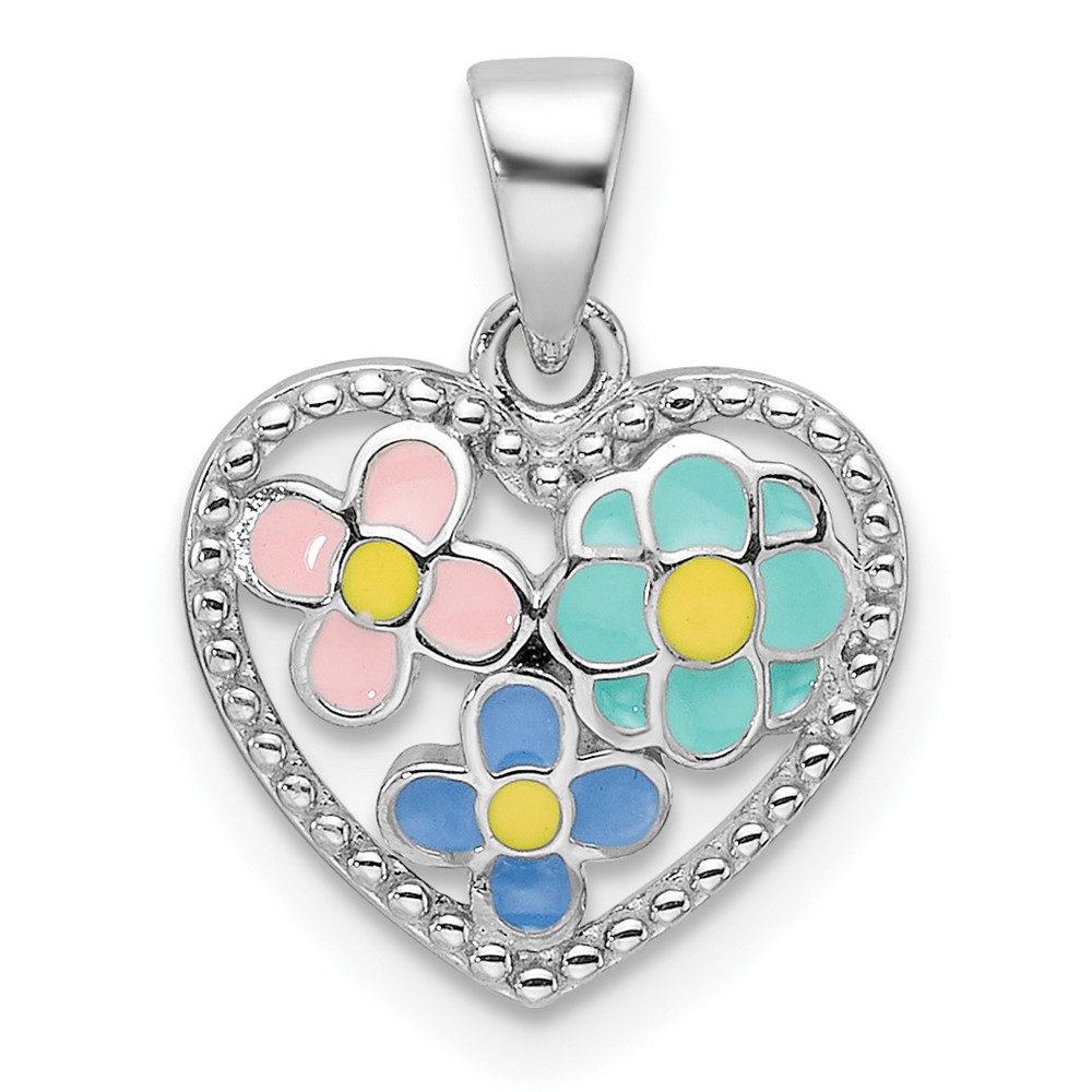 Sterling Silver Rhodium-plated Polished & Beaded Multi-color Enameled Floral Heart Children's Pendant (QP5839)