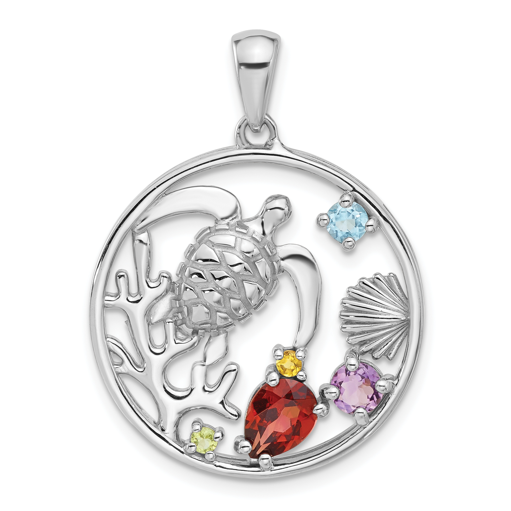 Sterling Silver Rhodium-plated Polished Rainbow Multi-Gemstone Sea Turtle Pendant (QP5889)