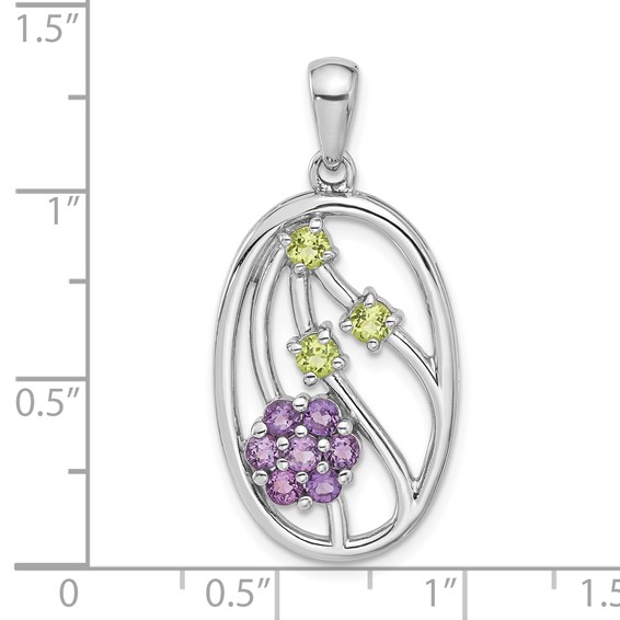 Sterling Silver Rhodium-plated Amethyst and Peridot Flower Pendant
