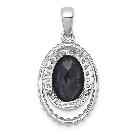 Sterling Silver Rhodium-plated Polished and Beaded Faceted Black Onyx Oval Pendant