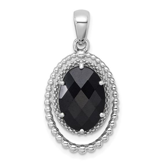 Sterling Silver Rhodium-plated Polished and Beaded Faceted Black Onyx Oval Pendant