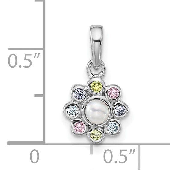 "Sterling Silver Rhodium-plated Polished Green, Pink, Blue and Purple CZ and Freshwater Cultured Pearl Flower Pendant"
