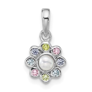"Sterling Silver Rhodium-plated Polished Green, Pink, Blue and Purple CZ and Freshwater Cultured Pearl Flower Pendant"