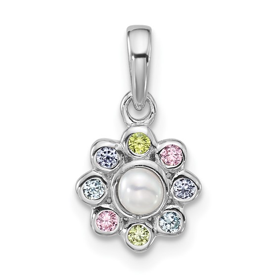 "Sterling Silver Rhodium-plated Polished Green, Pink, Blue and Purple CZ and Freshwater Cultured Pearl Flower Pendant"