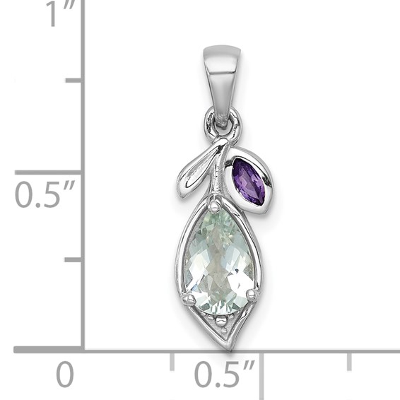 Sterling Silver Rhodium-plated Polished Amethyst and Green Quartz Leaf Pendant