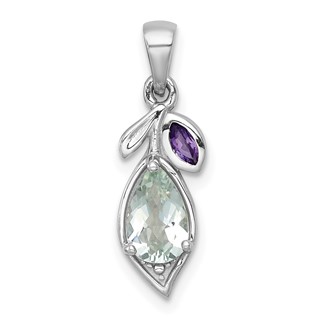 Sterling Silver Rhodium-plated Polished Amethyst and Green Quartz Leaf Pendant