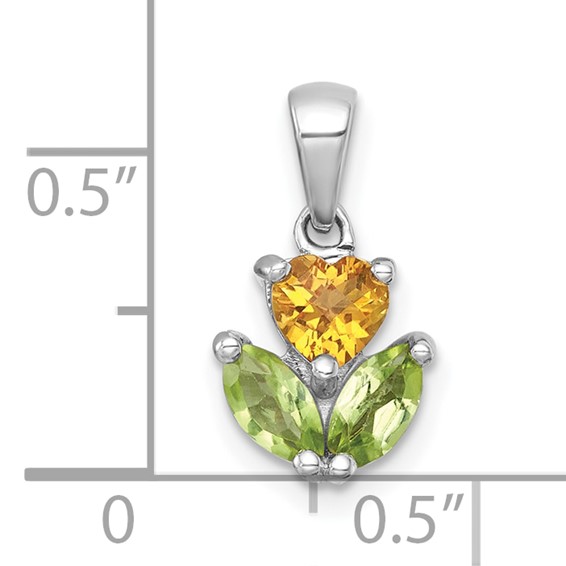 Sterling Silver Rhodium-plated Polished Heart Citrine and Peridot Flower Pendant