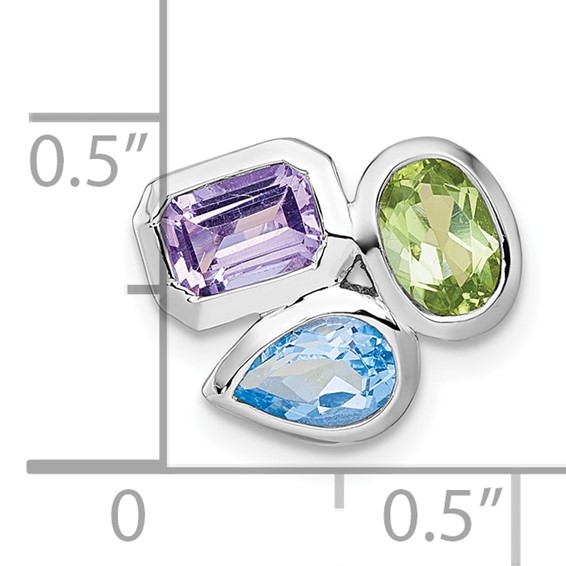 "Sterling Silver Rhodium-plated Polished Pear Blue Topaz, Oval Peridot and Emerald-cut Amethyst Chain Slide Pendant"