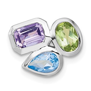 "Sterling Silver Rhodium-plated Polished Pear Blue Topaz, Oval Peridot and Emerald-cut Amethyst Chain Slide Pendant"