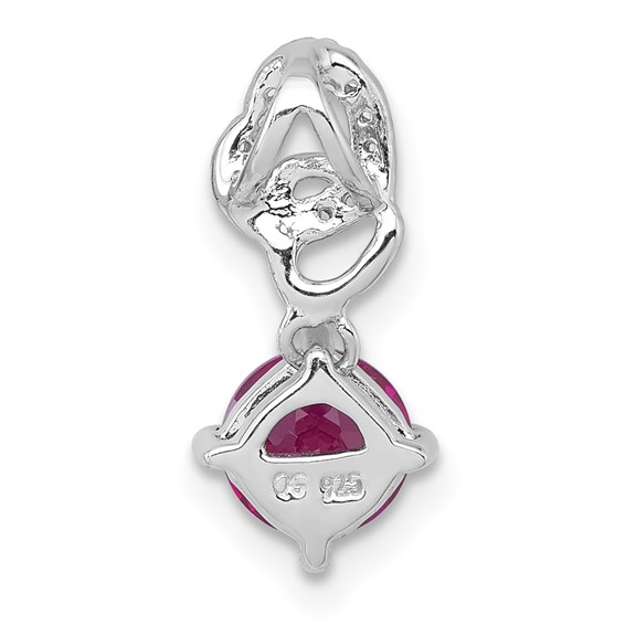 Sterling Silver Rhodium-plated Polished Round Lab Created Ruby and CZ Dangling Heart Chain Slide Pendant