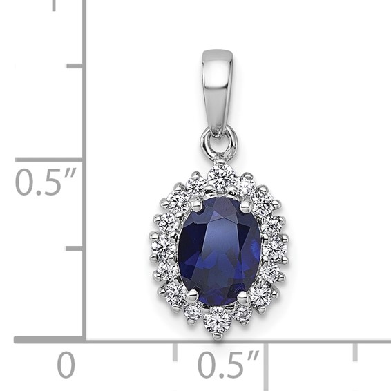 Sterling Silver Rhodium-plated Polished Lab Created Sapphire and CZ Oval Halo Pendant