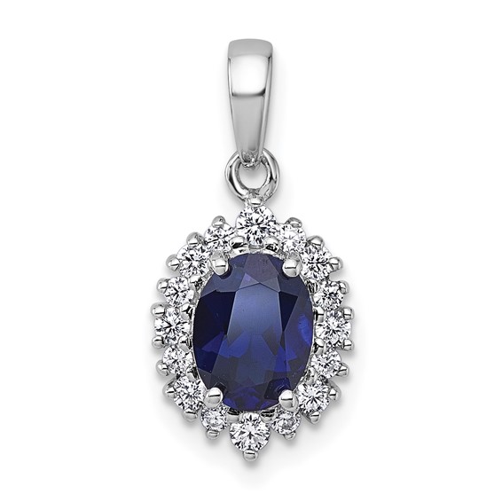 Sterling Silver Rhodium-plated Polished Lab Created Sapphire and CZ Oval Halo Pendant