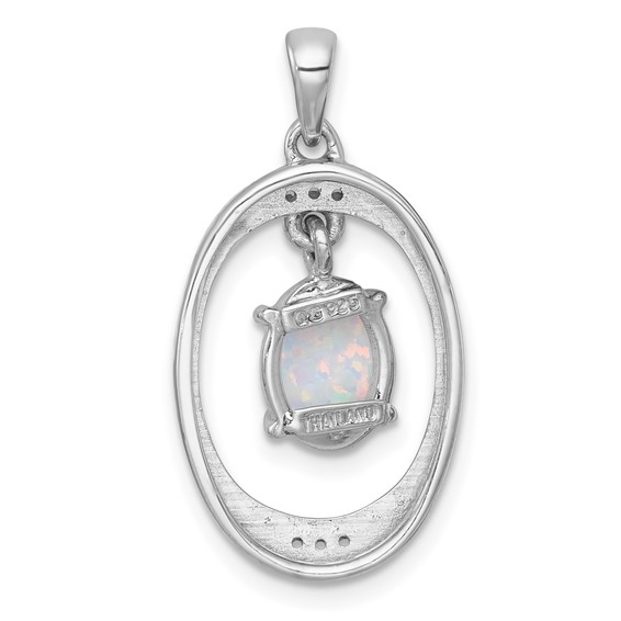 Sterling Silver Rhodium-plated Polished Fancy Lab Created Opal and White Topaz Oval Pendant