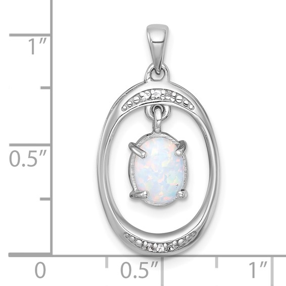 Sterling Silver Rhodium-plated Polished Fancy Lab Created Opal and White Topaz Oval Pendant
