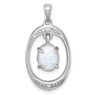Sterling Silver Rhodium-plated Polished Fancy Lab Created Opal and White Topaz Oval Pendant