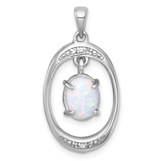 Sterling Silver Rhodium-plated Polished Fancy Lab Created Opal and White Topaz Oval Pendant