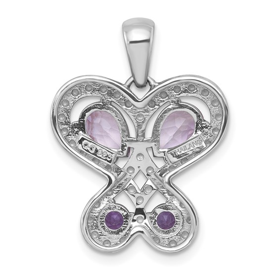Sterling Silver Rhodium-plated Polished Amethyst and Rose de France Quartz Heart Butterfly Pendant