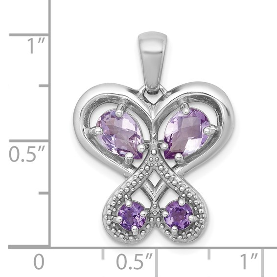 Sterling Silver Rhodium-plated Polished Amethyst and Rose de France Quartz Heart Butterfly Pendant