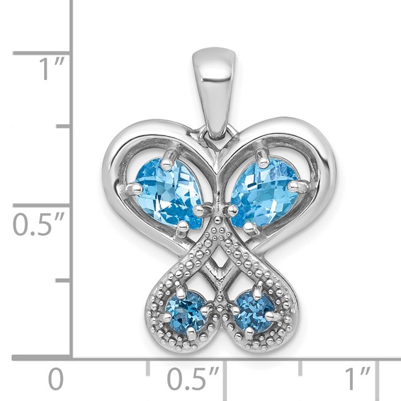 Sterling Silver Rhodium-plated Polished Light Swiss Blue Topaz and London Blue Topaz Heart Butterfly Pendant