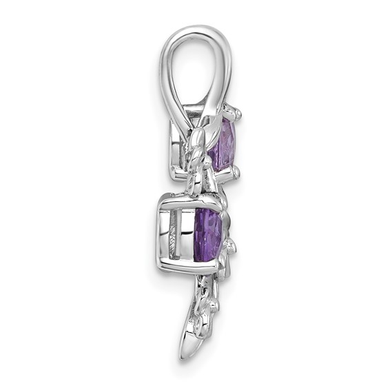 Sterling Silver Rhodium-plated Polished and Textured Amethyst and Rose de France Quartz Floral Chain Slide