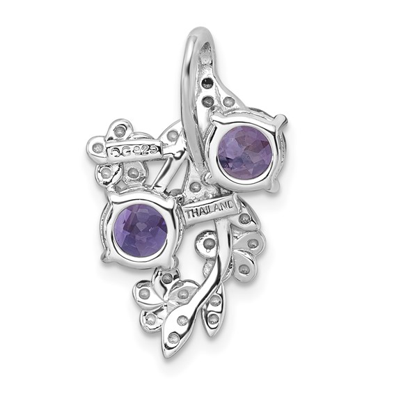 Sterling Silver Rhodium-plated Polished and Textured Amethyst and Rose de France Quartz Floral Chain Slide