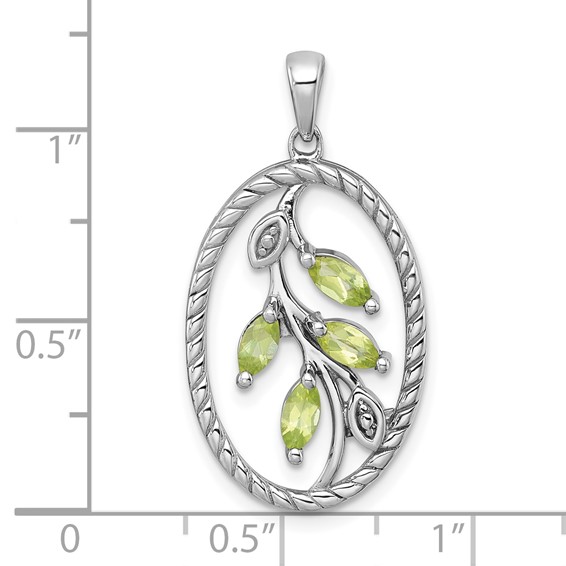 Sterling Silver Rhodium-plated Polished Peridot Leaves Twisted Oval Pendant