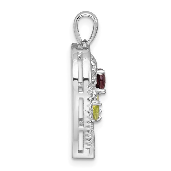 "Sterling Silver Rhodium-plated Polished Garnet, Peridot and White Topaz Flower in Heart Pendant"