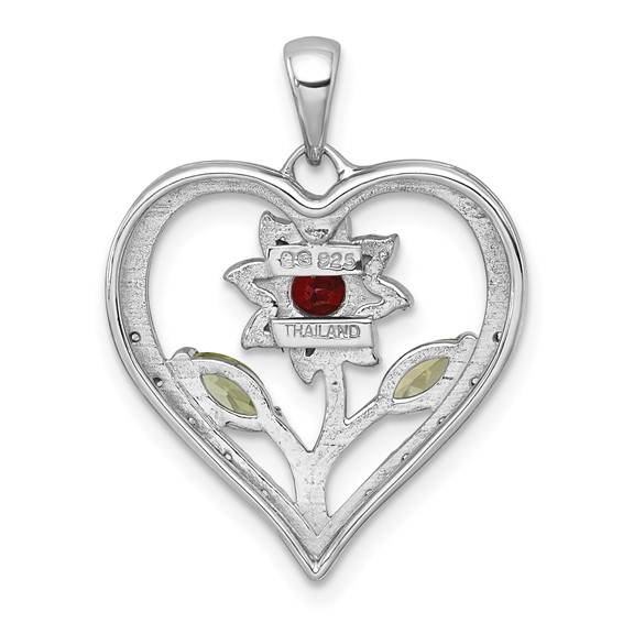 "Sterling Silver Rhodium-plated Polished Garnet, Peridot and White Topaz Flower in Heart Pendant"