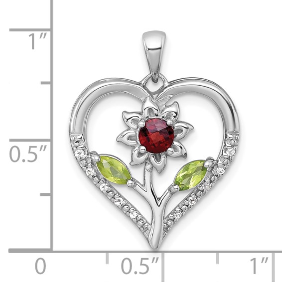 "Sterling Silver Rhodium-plated Polished Garnet, Peridot and White Topaz Flower in Heart Pendant"